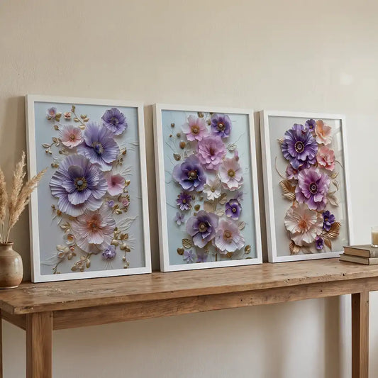 Lavender Dream Florals - 3 Piece Pastel Art Combo (Premium Glass Frame)