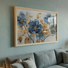 Sapphire & Gold Blooms - Floral Art (Premium Glass Frame)