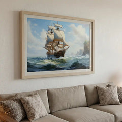Coastal Voyage - Bright Ocean Ship Art (Premium Glass Frame)