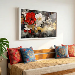 Crimson Elegance - Red & White Floral Art (Premium Glass Frame)