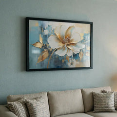 Azure & Gold Petals - Floral Art (Premium Glass Frame)