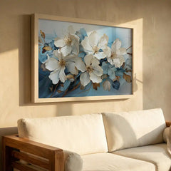 Pristine Blooms - White & Blue Floral Art (Premium Glass Frame)