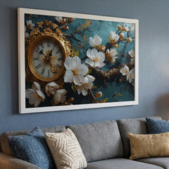 Vintage Clock & White Floral - Premium Glass Framed Wall Art