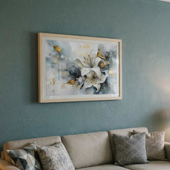 White Lily & Gold Splatters - Floral Art (Premium Glass Frame)