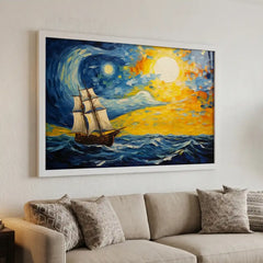 Celestial Voyage - Van Gogh Style Ship Art (Premium Glass Frame)