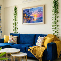 Twilight Coast - Sea Beach & City Lights Art (Premium Glass Frame)