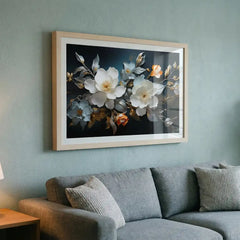 Midnight & Ivory Blossoms - Floral Art (Premium Glass Frame)