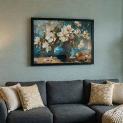 Azure Vase Blossoms - Still Life Art (Premium Glass Frame)