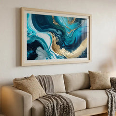 Blue Gold Fluidity - Modern Marble Abstract Art (Premium Glass Frame)