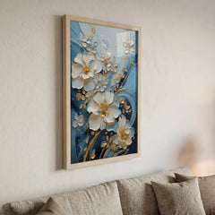 Blue & Gold 3D-Style Floral - Premium Glass Framed Wall Art