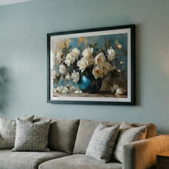 White Blossoms in Blue Vase - Floral Art (Premium Glass Frame)