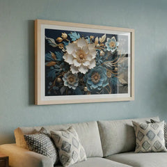 Midnight Teal Blossoms - Floral Art (Premium Glass Frame)