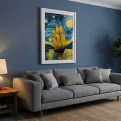 Golden Sails under Starry Skies - Vertical Van Gogh Ship Art (Premium Glass Frame)