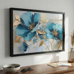 Azure Blooms - Blue & Gold Floral Art (Premium Glass Frame)