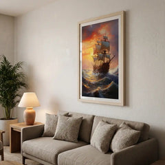 Golden Sunset Voyage - Majestic Sailing Ship Art (Premium Glass Frame)