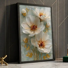 Elegant White & Gold Floral - Premium Glass Framed Wall Art