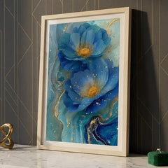 Ocean Blue & Gold Floral - Premium Glass Framed Wall Art