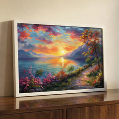 Serene Horizon - Colorful Lake Sunset Art (Premium Glass Frame)