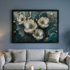 Emerald Swirl Abstract White Floral - Premium Glass Framed Wall Art