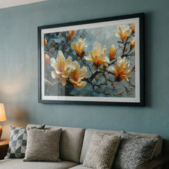 Elegant Cream & Teal Blossom - Premium Glass Framed Wall Art