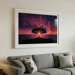 Majestic Magenta Twilight - Solitary Tree Sunset Scenery (Premium Glass Frame)