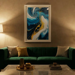 Azure & Gold Flow - Modern Abstract Swirl Art (Premium Glass Frame)