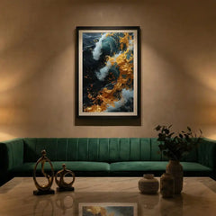 Golden Blue Swirl Abstract - Premium Glass Framed Wall Art