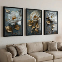 Gilded White Blooms - 3 Piece Metallic Floral Combo (Premium Glass Frame)