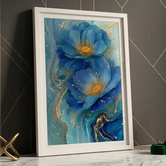 Ocean Blue & Gold Floral - Premium Glass Framed Wall Art