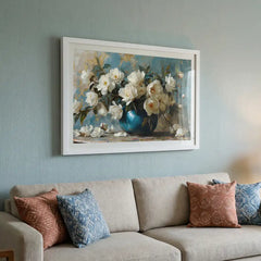 White Blossoms in Blue Vase - Floral Art (Premium Glass Frame)