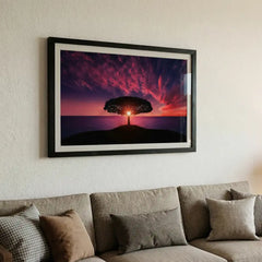 Majestic Magenta Twilight - Solitary Tree Sunset Scenery (Premium Glass Frame)
