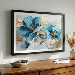 Azure Blooms - Blue & Gold Floral Art (Premium Glass Frame)