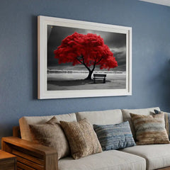 Striking Red Tree Scenery - Premium Glass Framed Wall Art