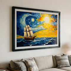 Celestial Voyage - Van Gogh Style Ship Art (Premium Glass Frame)