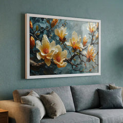 Elegant Cream & Teal Blossom - Premium Glass Framed Wall Art