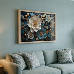 Midnight Teal Blossoms - Floral Art (Premium Glass Frame)