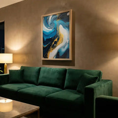 Azure & Gold Flow - Modern Abstract Swirl Art (Premium Glass Frame)