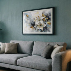 White Lily & Gold Splatters - Floral Art (Premium Glass Frame)
