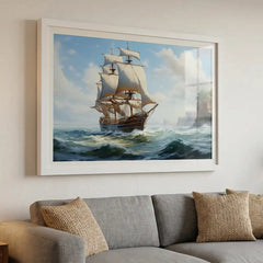 Coastal Voyage - Bright Ocean Ship Art (Premium Glass Frame)