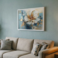 Azure & Gold Petals - Floral Art (Premium Glass Frame)
