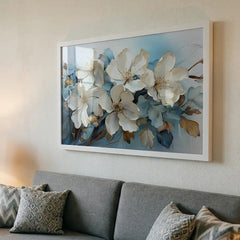 Pristine Blooms - White & Blue Floral Art (Premium Glass Frame)