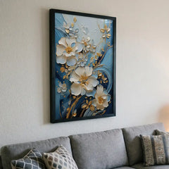 Blue & Gold 3D-Style Floral - Premium Glass Framed Wall Art