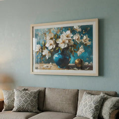 Azure Vase Blossoms - Still Life Art (Premium Glass Frame)