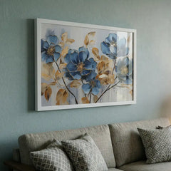 Sapphire & Gold Blooms - Floral Art (Premium Glass Frame)