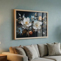 Midnight & Ivory Blossoms - Floral Art (Premium Glass Frame)