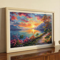 Serene Horizon - Colorful Lake Sunset Art (Premium Glass Frame)