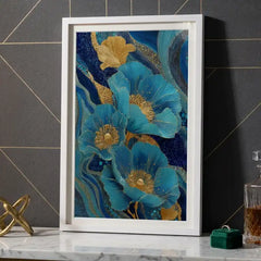 Royal Blue & Gold Floral - Premium Glass Framed Wall Art
