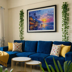 Twilight Coast - Sea Beach & City Lights Art (Premium Glass Frame)