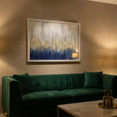 Golden Rainfall - Blue & Gold Abstract Art (Premium Glass Frame)