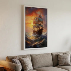 Golden Sunset Voyage - Majestic Sailing Ship Art (Premium Glass Frame)